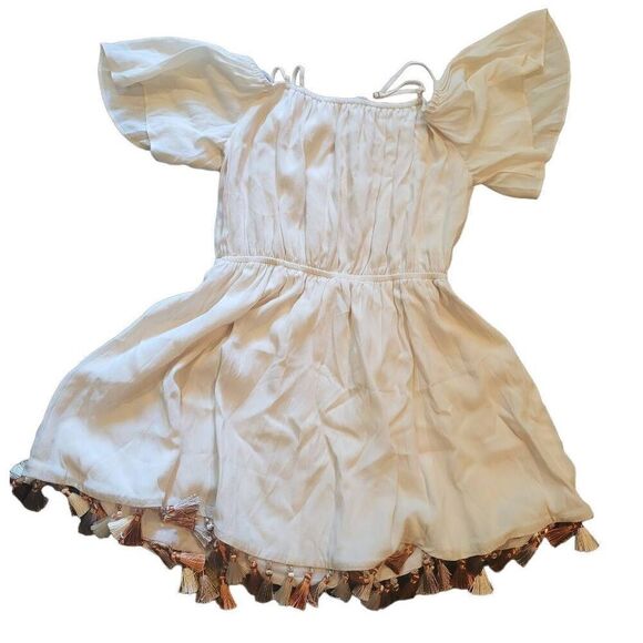 Tularosa Dress Women's Small Beige Fiesta Tassel Cold Shoulder Mini Boho - Picture 3 of 6